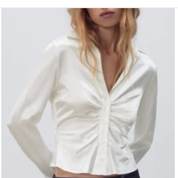 Zara Cream Ruched Button-Down Women's Shirt - Picture 5 of 7
